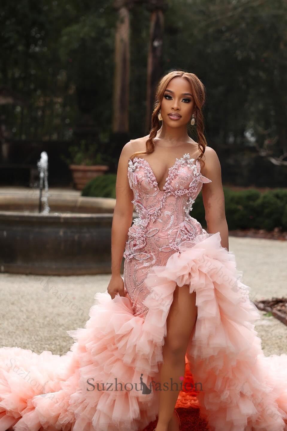 Sweetheart Pink Prom Dress Beaded Lace Strapless Formal Dress