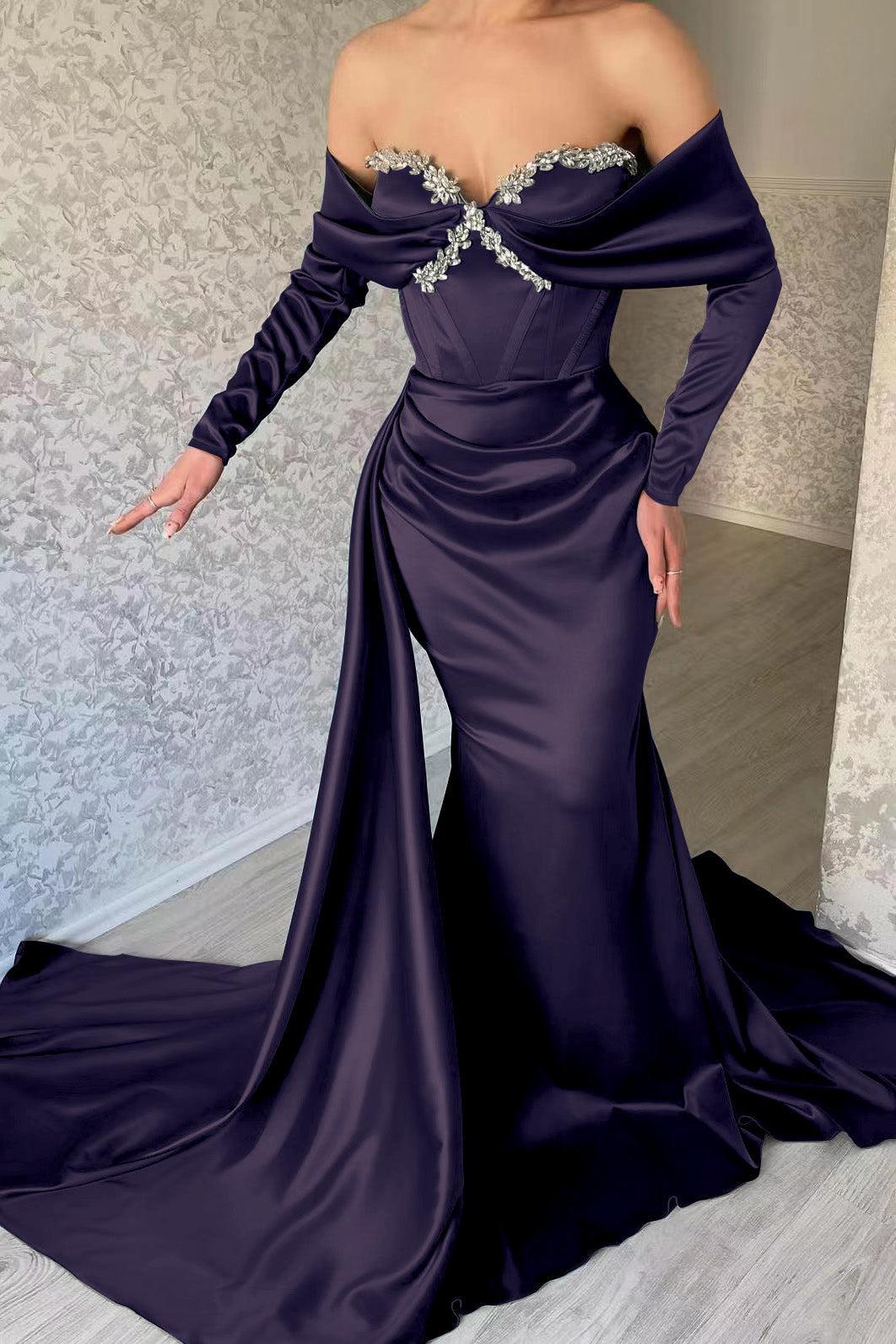 Sweetheart Portrait Long Sleeve Prom Dress Mermaid Evening Formal Dress With Rhinstone Ruffled