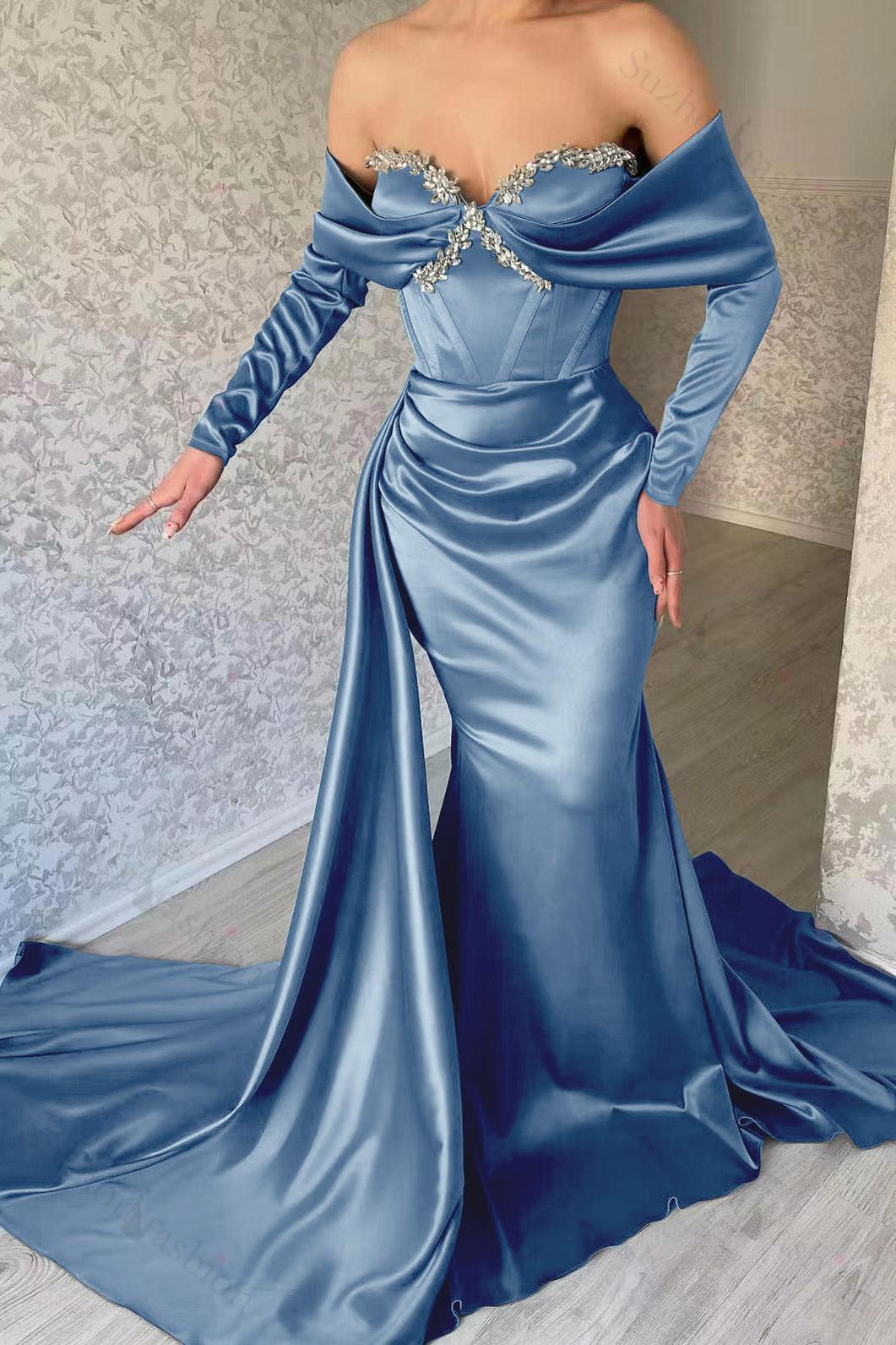 Sweetheart Portrait Long Sleeve Prom Dress Mermaid Evening Formal Dress With Rhinstone Ruffled