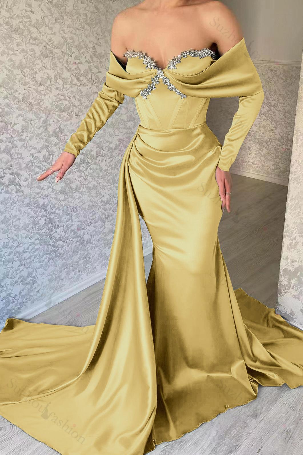 Sweetheart Portrait Long Sleeve Prom Dress Mermaid Evening Formal Dress With Rhinstone Ruffled
