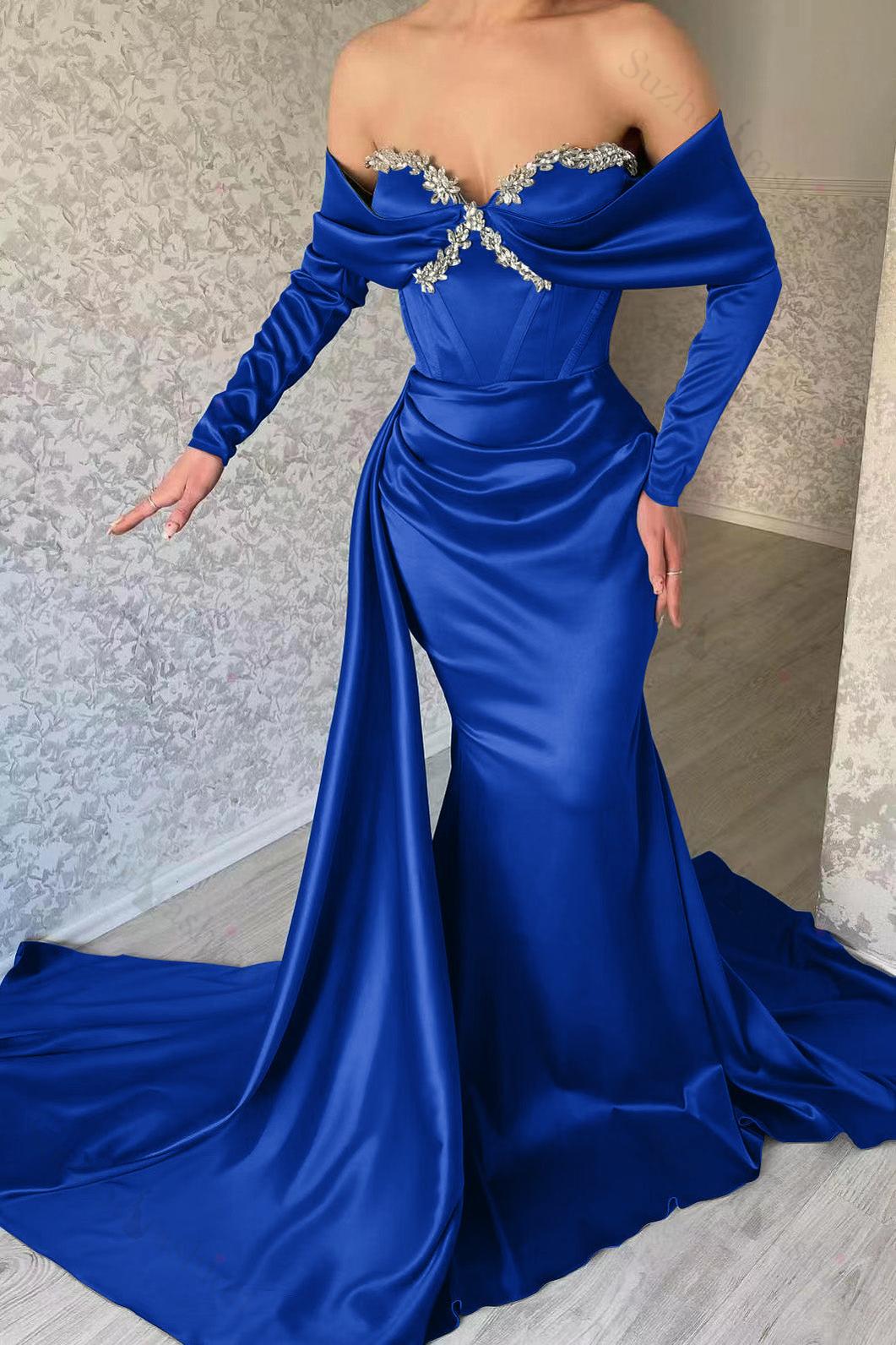 Sweetheart Portrait Long Sleeve Prom Dress Mermaid Evening Formal Dress With Rhinstone Ruffled