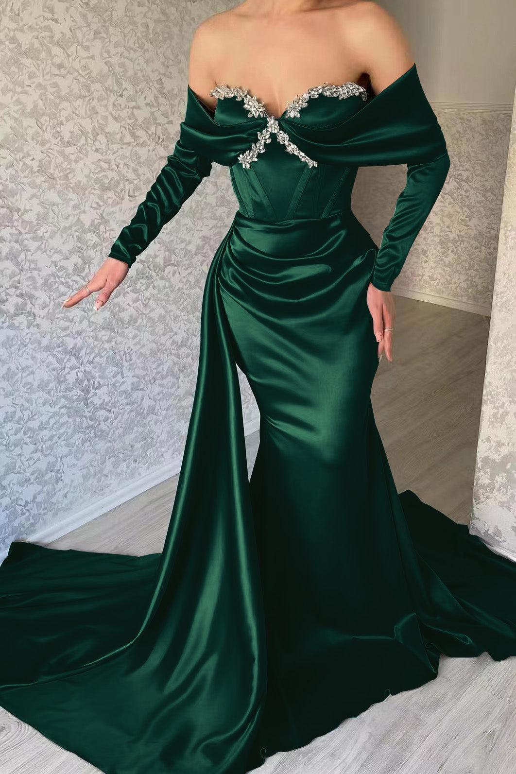 Sweetheart Portrait Long Sleeve Prom Dress Mermaid Evening Formal Dress With Rhinstone Ruffled