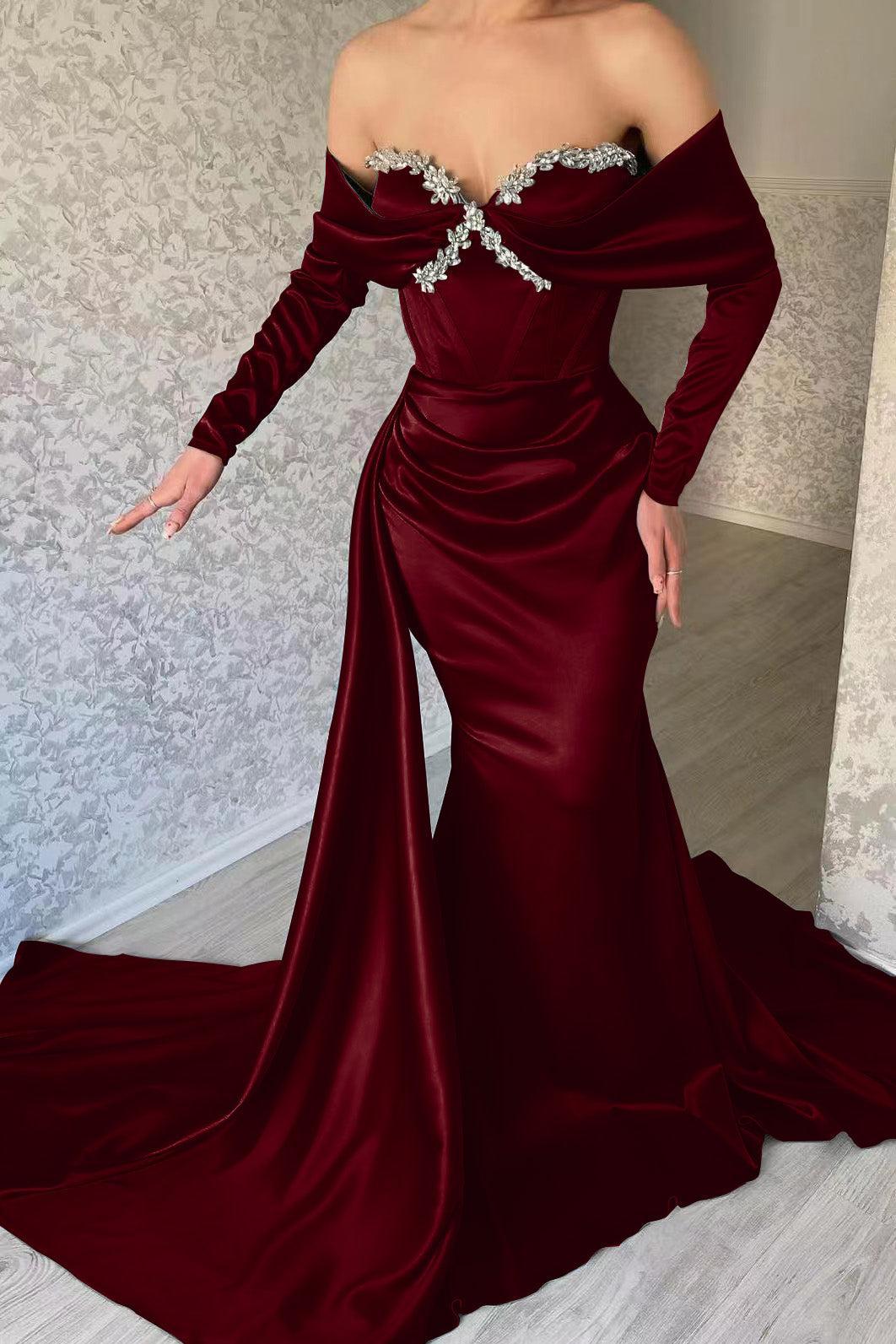Sweetheart Portrait Long Sleeve Prom Dress Mermaid Evening Formal Dress With Rhinstone Ruffled