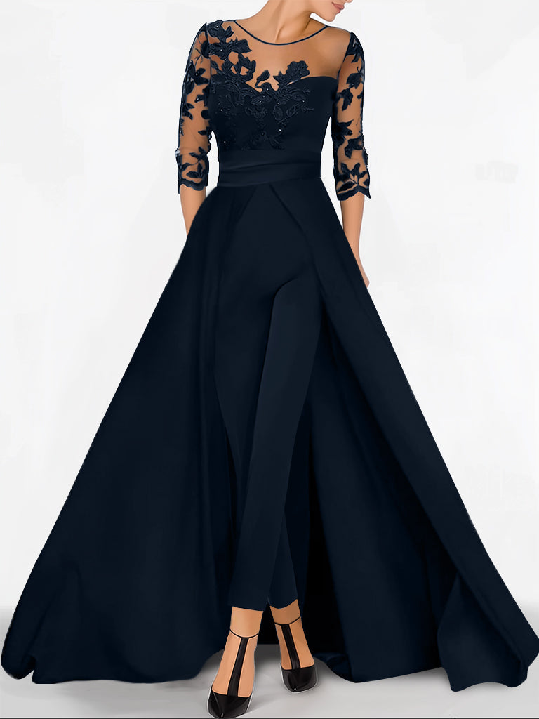 Sweetheart A Line Long Jumpsuit with 3/4 Sleeves and Applique for the Mother of the Bride