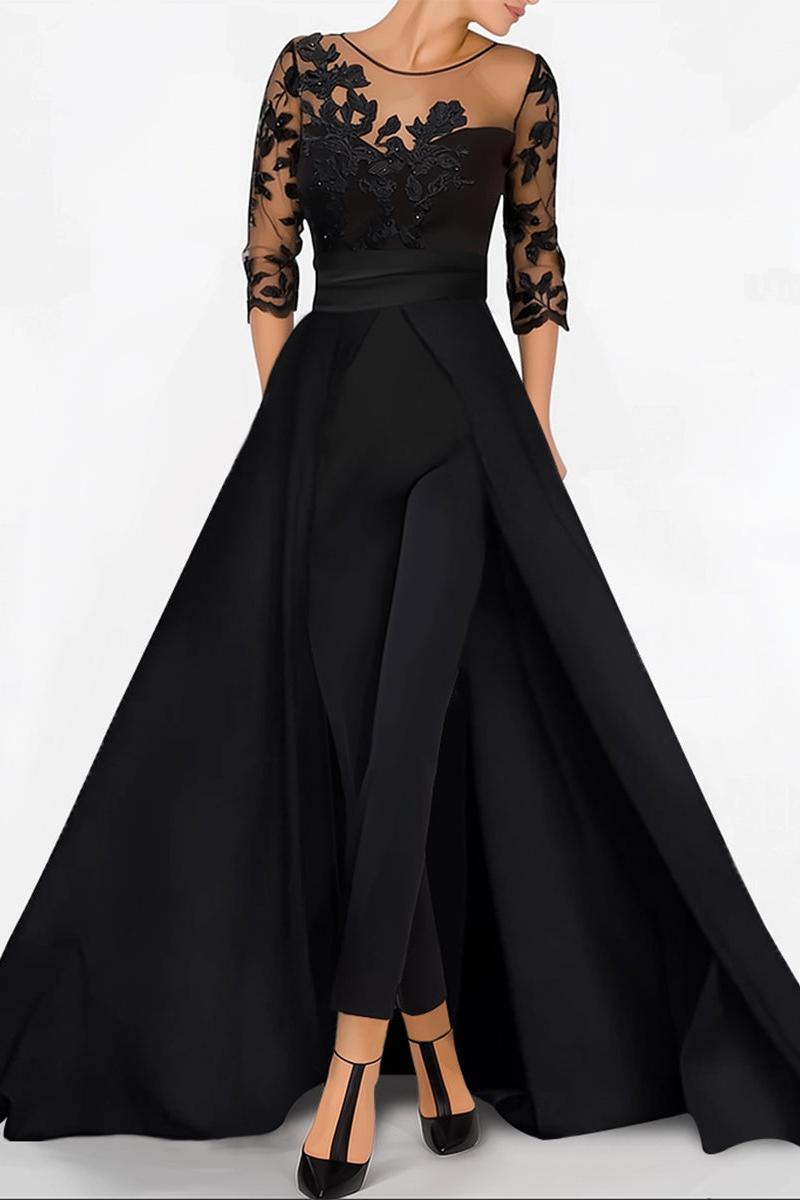 Sweetheart A Line Long Jumpsuit with 3/4 Sleeves and Applique for the Mother of the Bride