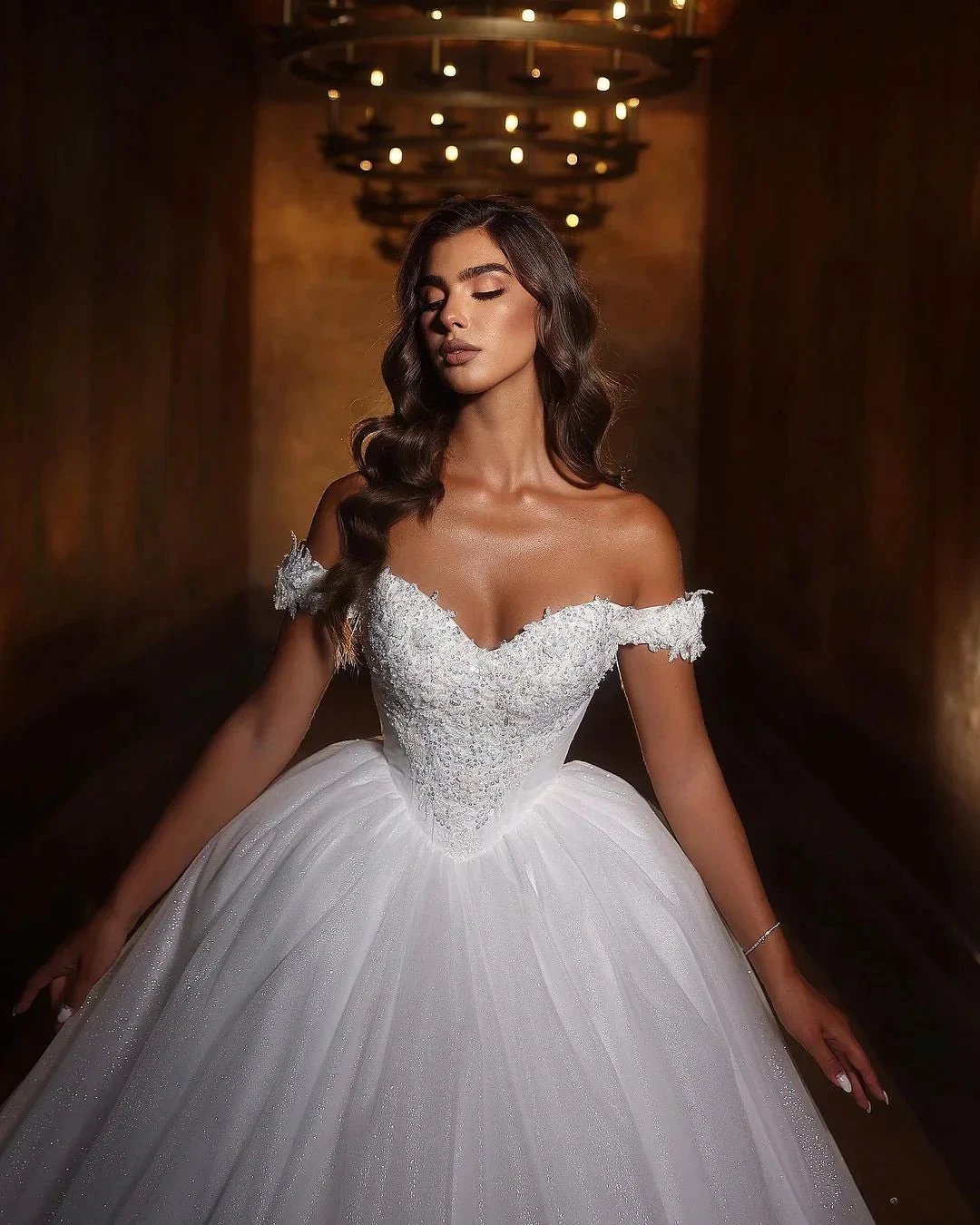Sweetheart Princess Long White Off-the-shoulder A-line Glitter Wedding Dress With Lace (ZD15672)