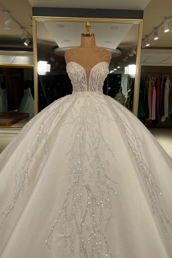 Sweetheart Sleeveless Crystals Ball Gown Cathedral Train