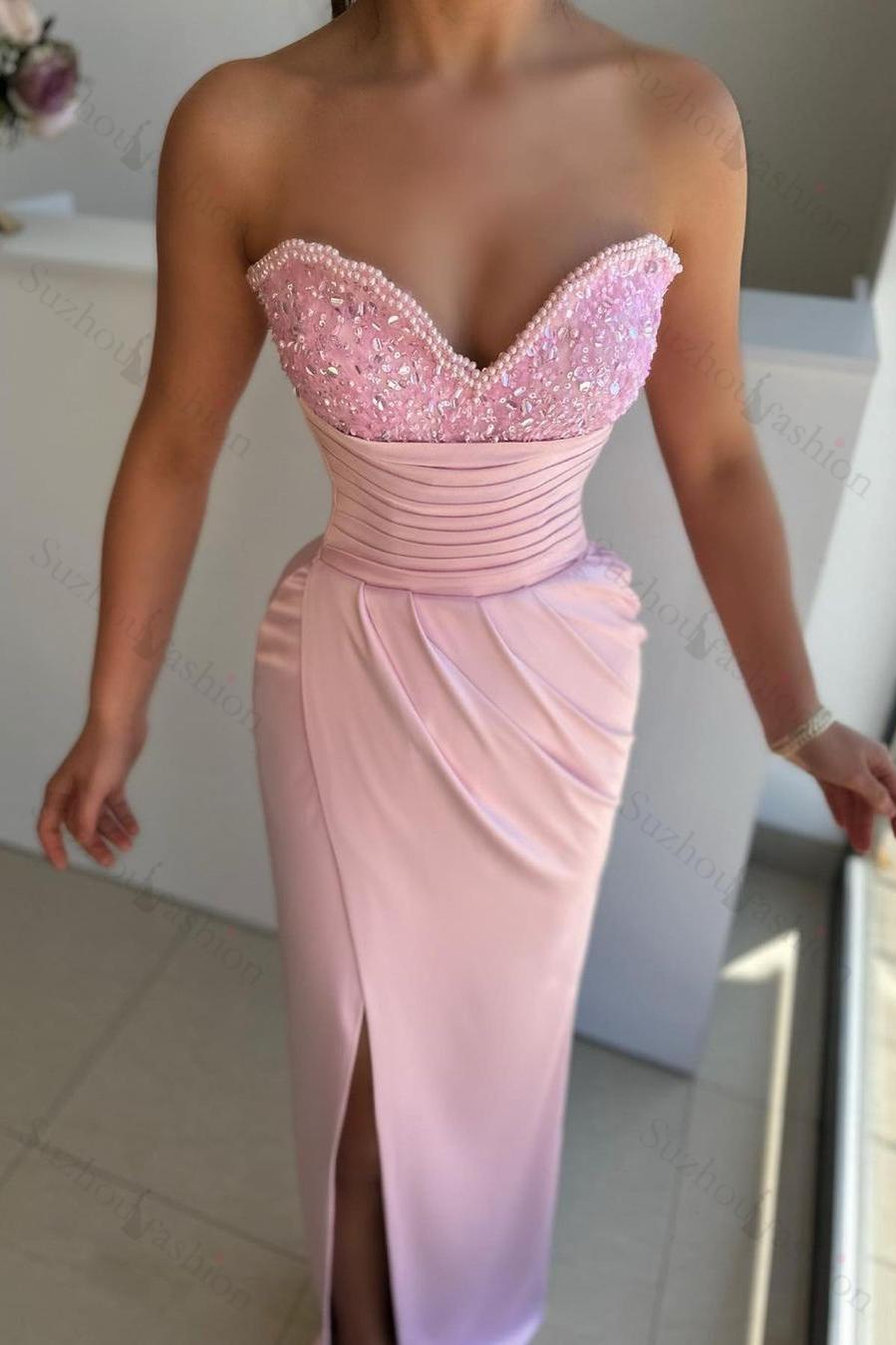 Sweetheart Sleeveless Light Blue Prom Dress Evening Formal Dress Front Split With Beads