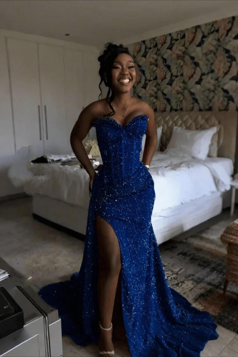 Sweetheart Sleeveless Long Mermaid Evening Formal Dress With Split Sequin