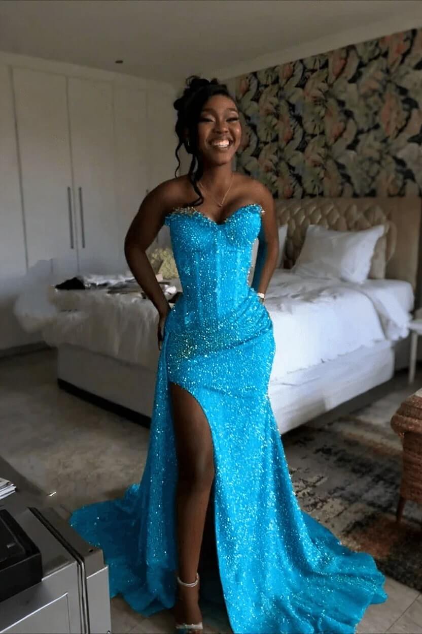 Sweetheart Sleeveless Long Mermaid Evening Formal Dress With Split Sequin