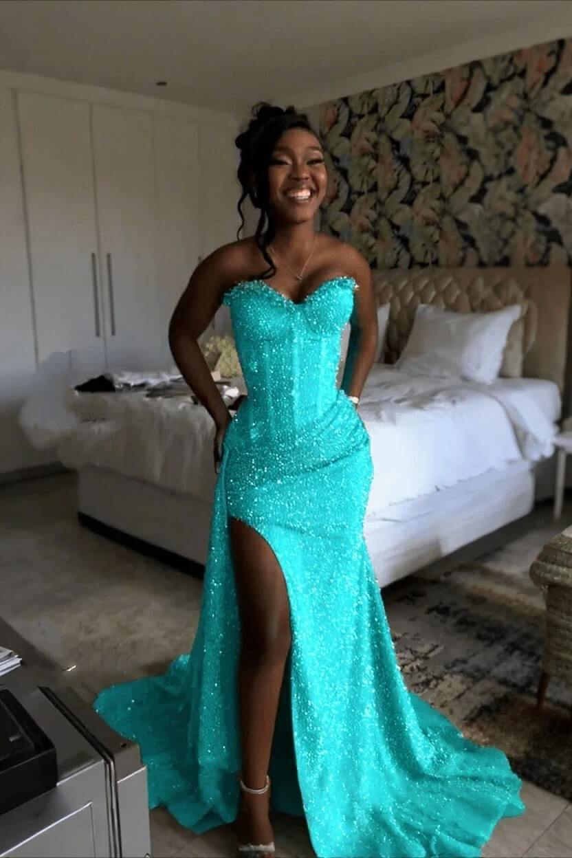 Sweetheart Sleeveless Long Mermaid Evening Formal Dress With Split Sequin