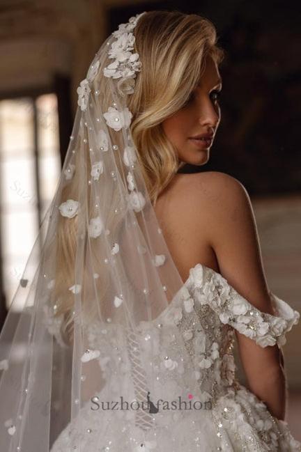 Sweetheart Wedding Dress Off The Shoulder Sequined Lace Ball Gown Bridal Gown With Rhinestone And Handmake Flowers