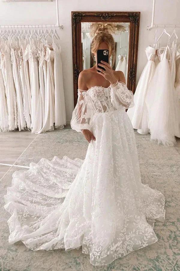 Sweetheart Ball Gown Lace Wedding Dress With Detachable Puff Sleeves (ZD16175) - VelvetHem