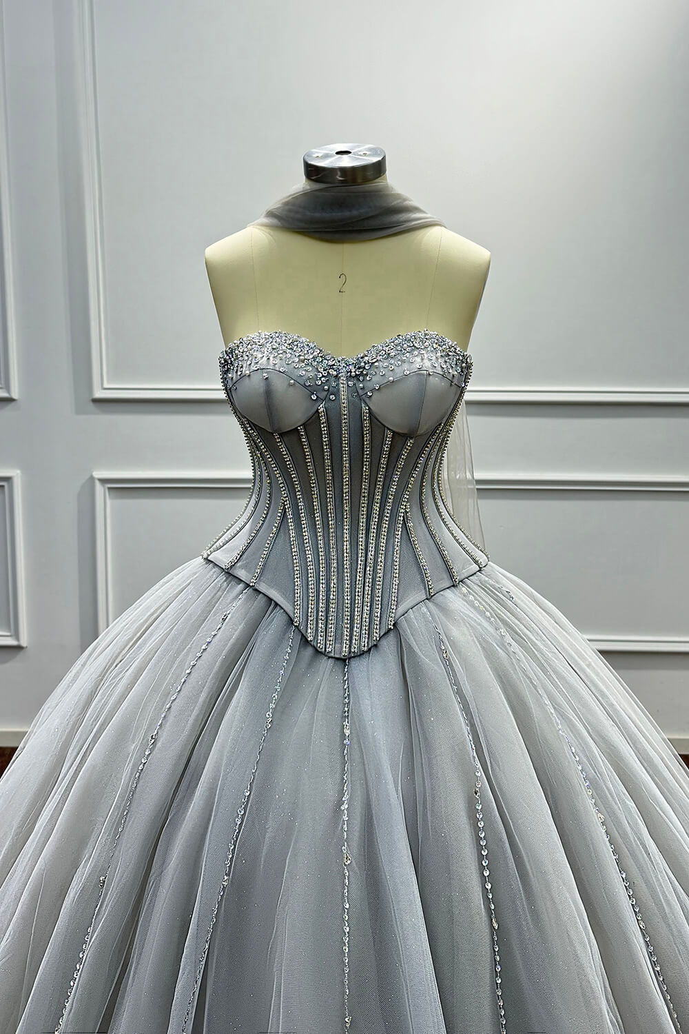 Grey Corset Dress A Line Sweetheart Tulle Prom Dress with Beadings and Rhinestones