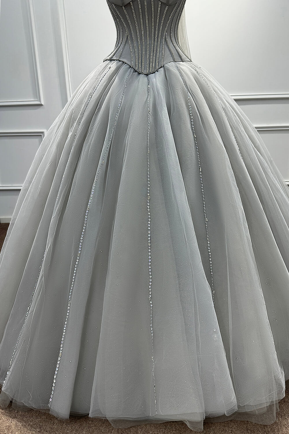 Grey Corset Dress A Line Sweetheart Tulle Prom Dress with Beadings and Rhinestones
