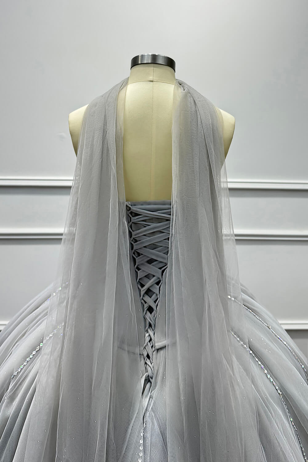 Grey Corset Dress A Line Sweetheart Tulle Prom Dress with Beadings and Rhinestones