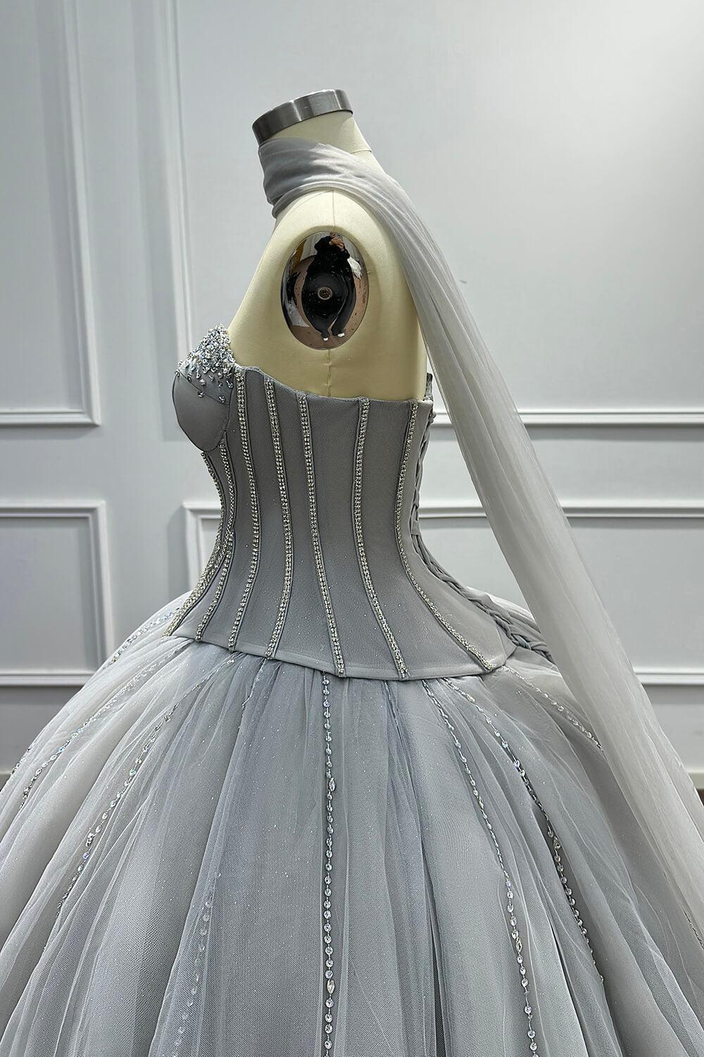 Grey Corset Dress A Line Sweetheart Tulle Prom Dress with Beadings and Rhinestones