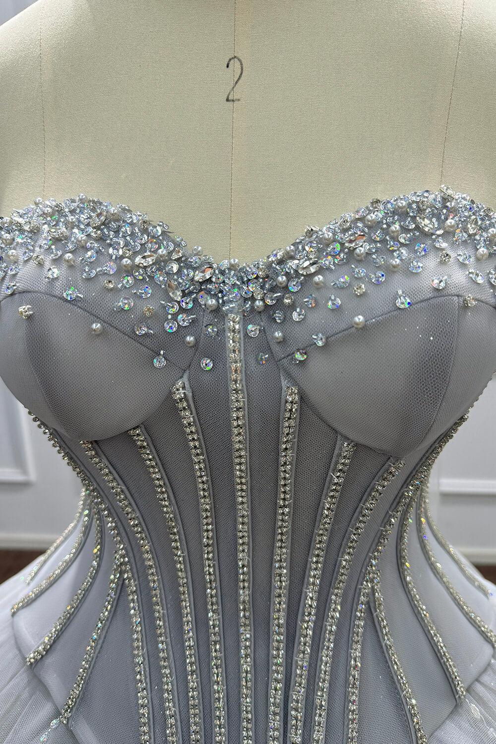 Grey Corset Dress A Line Sweetheart Tulle Prom Dress with Beadings and Rhinestones