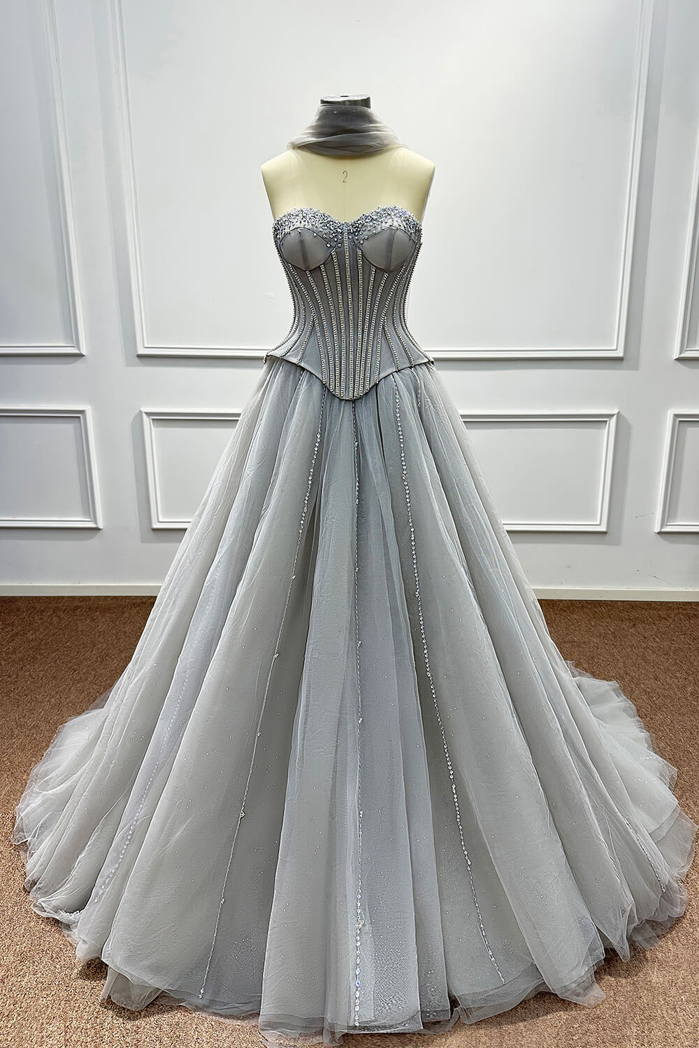 Grey Corset Dress A Line Sweetheart Tulle Prom Dress with Beadings and Rhinestones