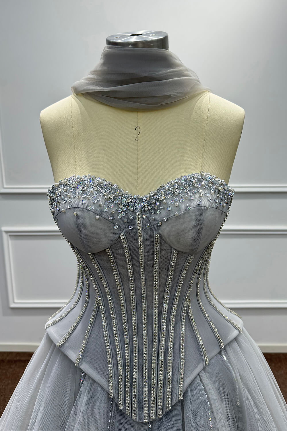 Grey Corset Dress A Line Sweetheart Tulle Prom Dress with Beadings and Rhinestones
