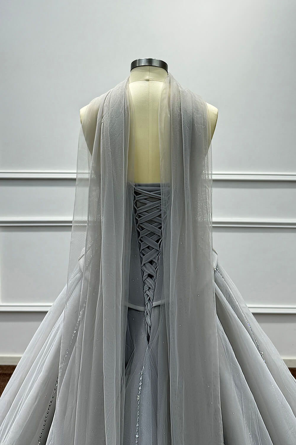 Grey Corset Dress A Line Sweetheart Tulle Prom Dress with Beadings and Rhinestones