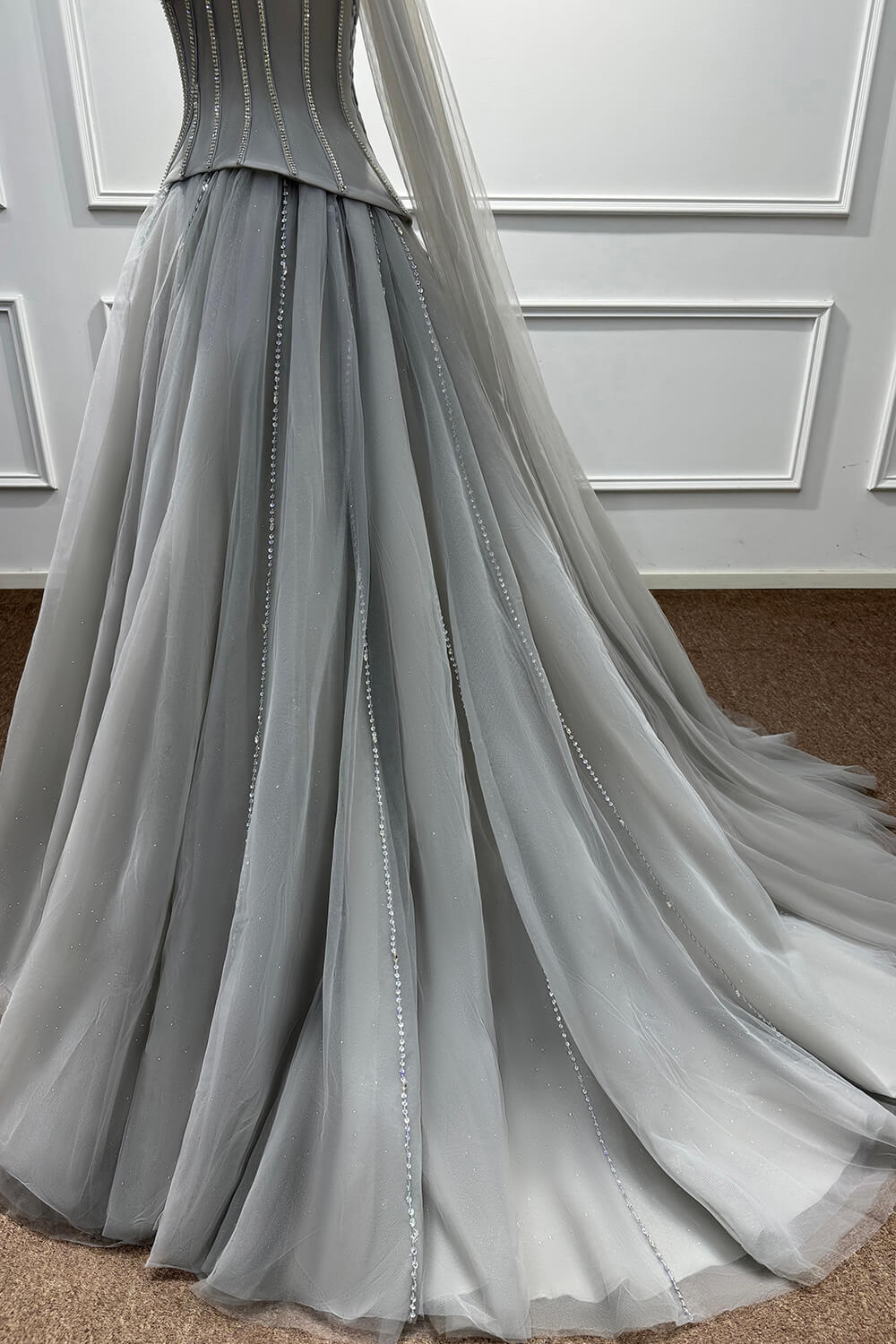 Grey Corset Dress A Line Sweetheart Tulle Prom Dress with Beadings and Rhinestones