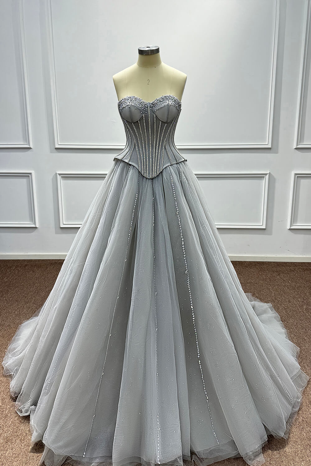 Grey Corset Dress A Line Sweetheart Tulle Prom Dress with Beadings and Rhinestones