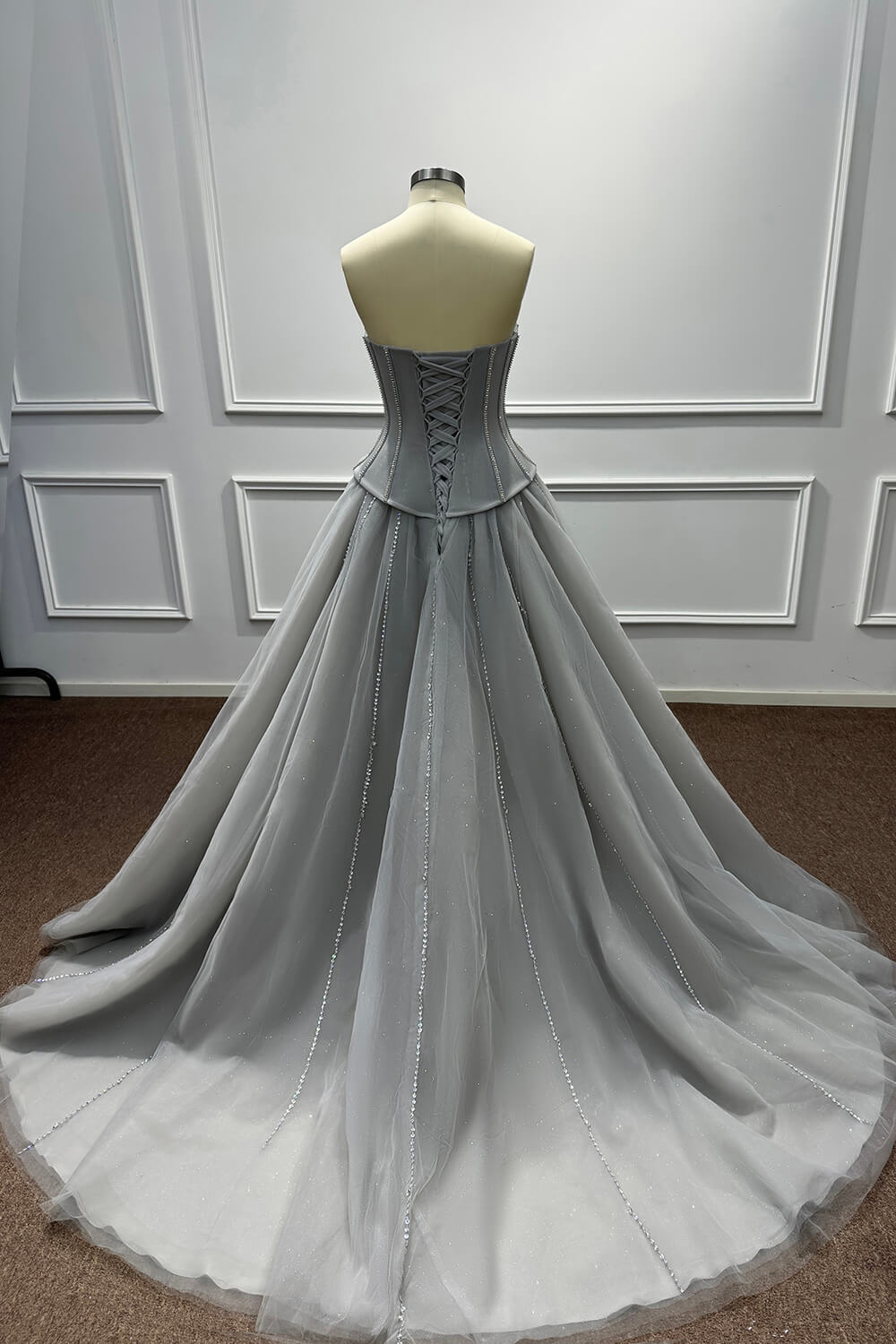 Grey Corset Dress A Line Sweetheart Tulle Prom Dress with Beadings and Rhinestones