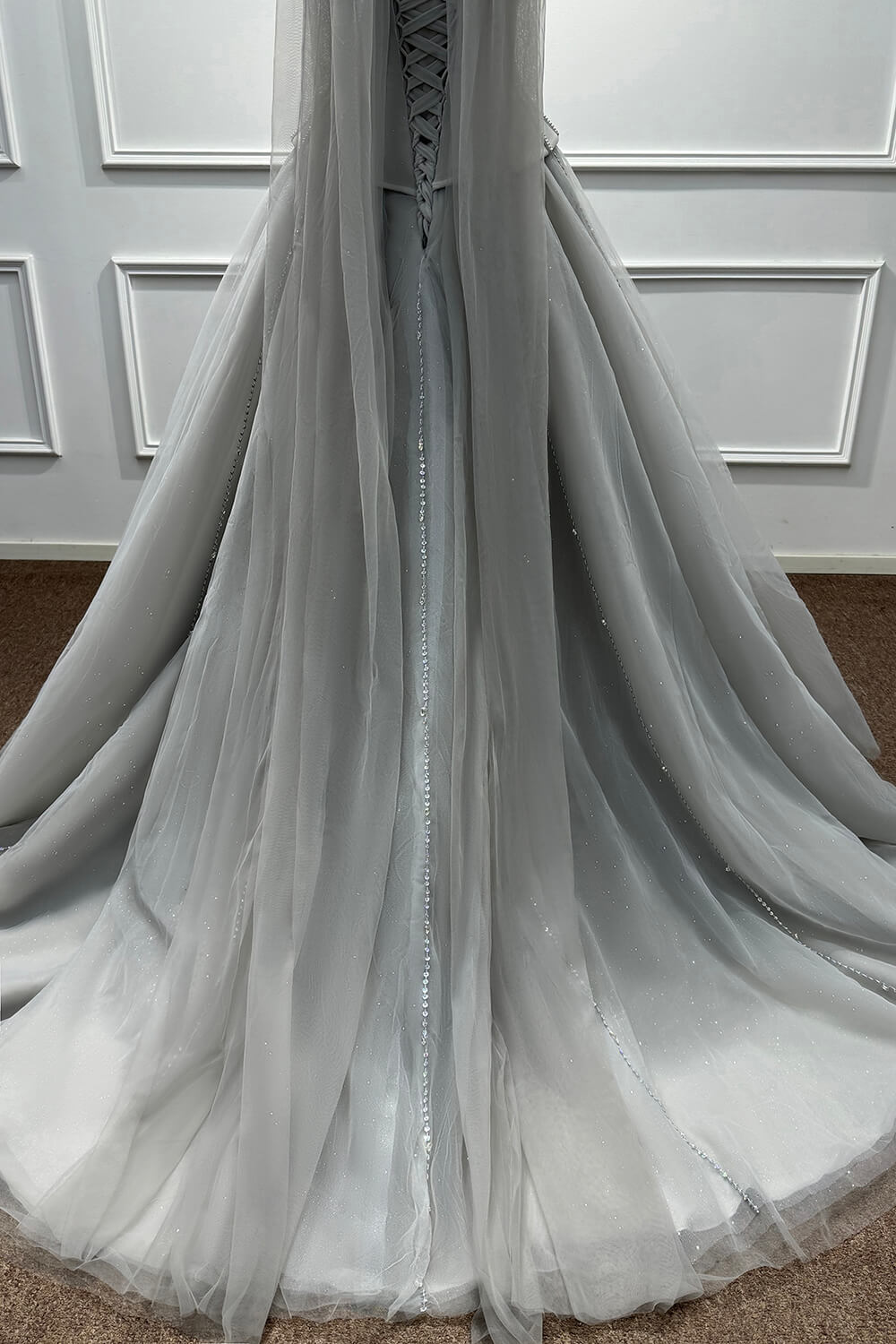 Grey Corset Dress A Line Sweetheart Tulle Prom Dress with Beadings and Rhinestones