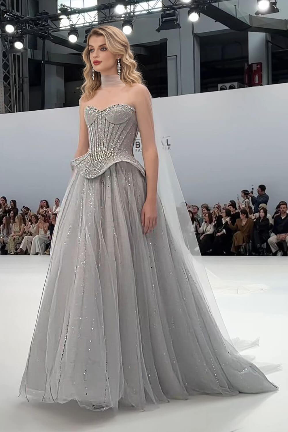 Grey Corset Dress A Line Sweetheart Tulle Prom Dress with Beadings and Rhinestones