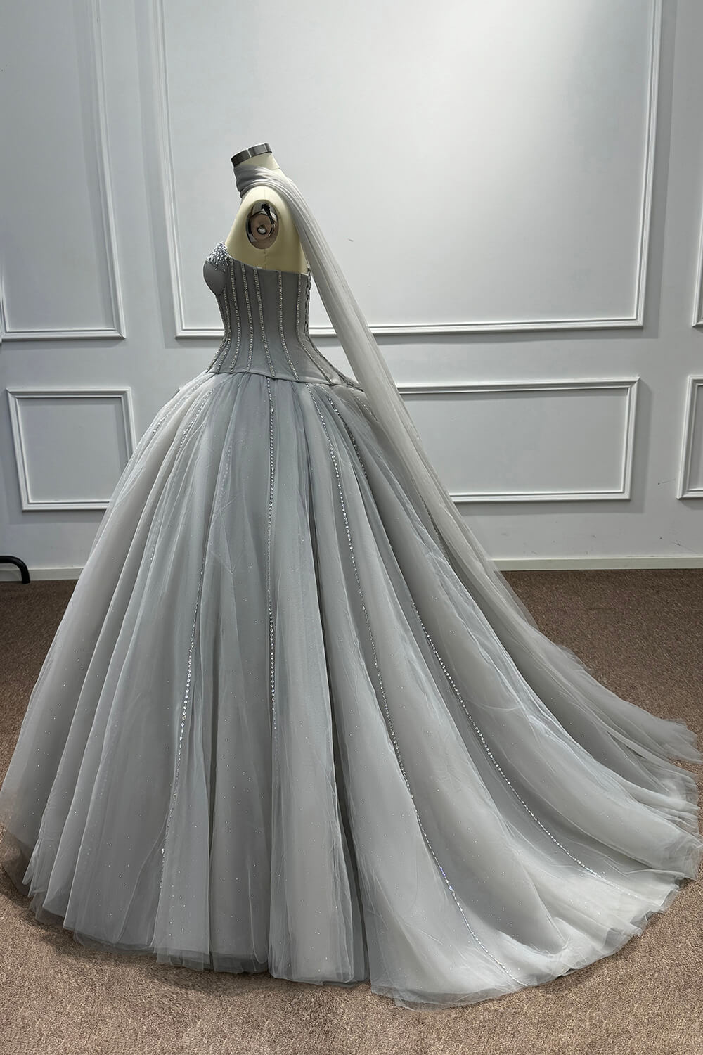 Grey Corset Dress A Line Sweetheart Tulle Prom Dress with Beadings and Rhinestones