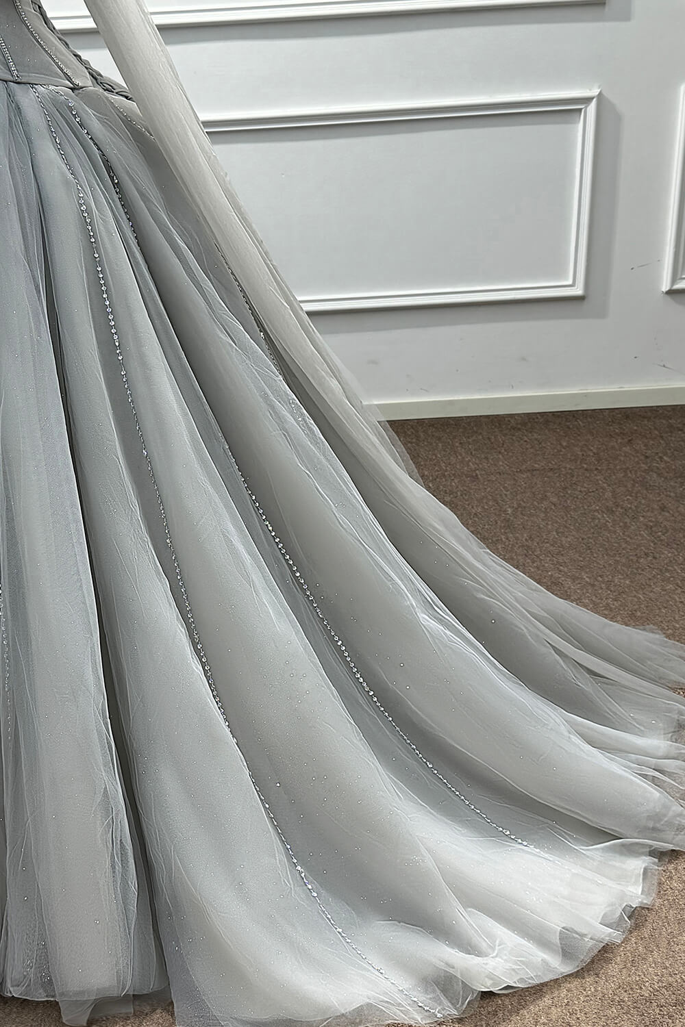 Grey Corset Dress A Line Sweetheart Tulle Prom Dress with Beadings and Rhinestones