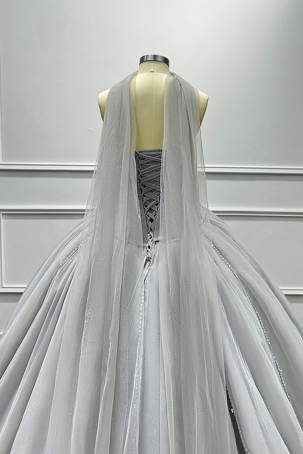 Grey Corset Dress A Line Sweetheart Tulle Prom Dress with Beadings and Rhinestones