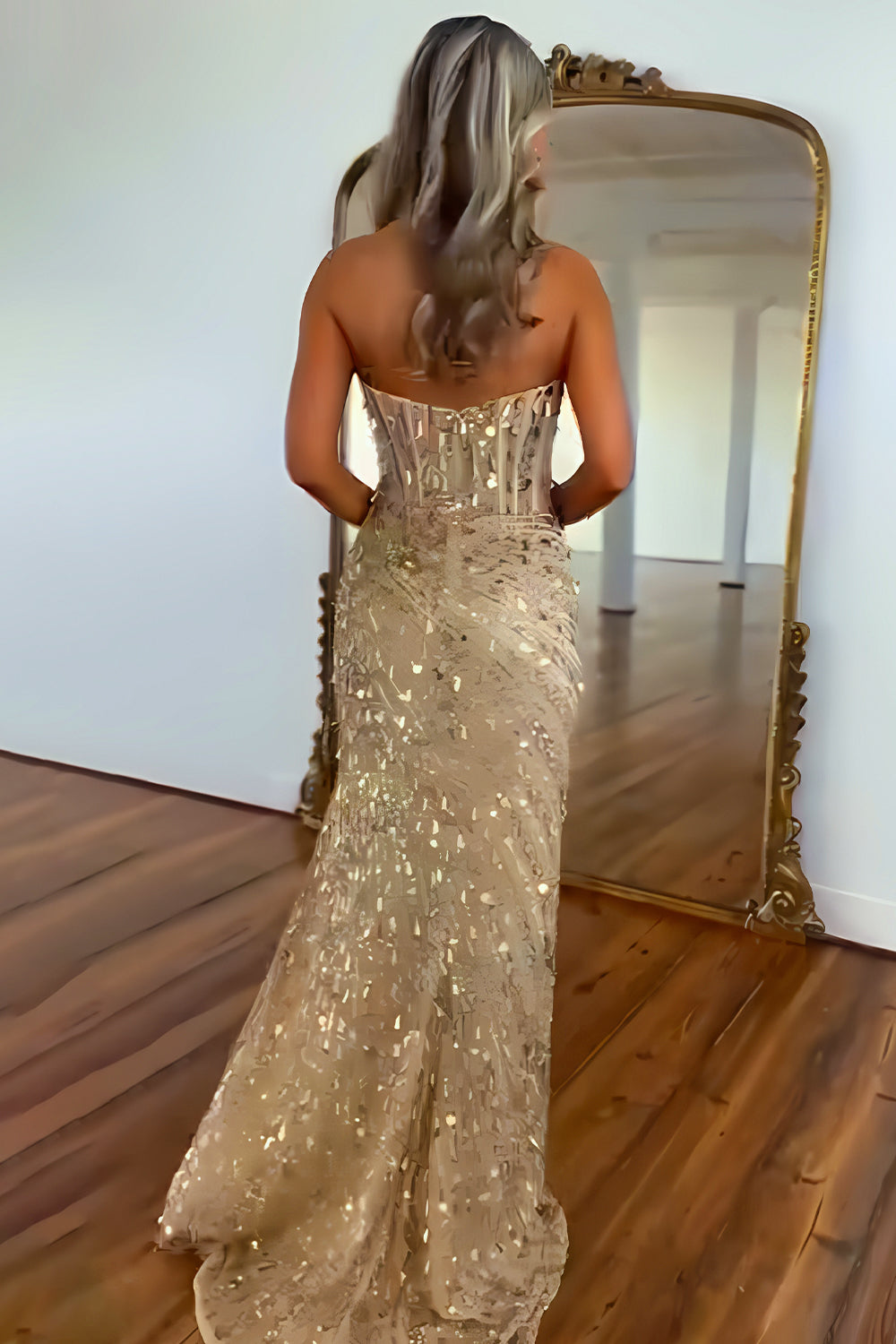 Sparkly Mermaid Sweetheart Gold Long Prom Dress with Split Front - View 2 | VelvetHem