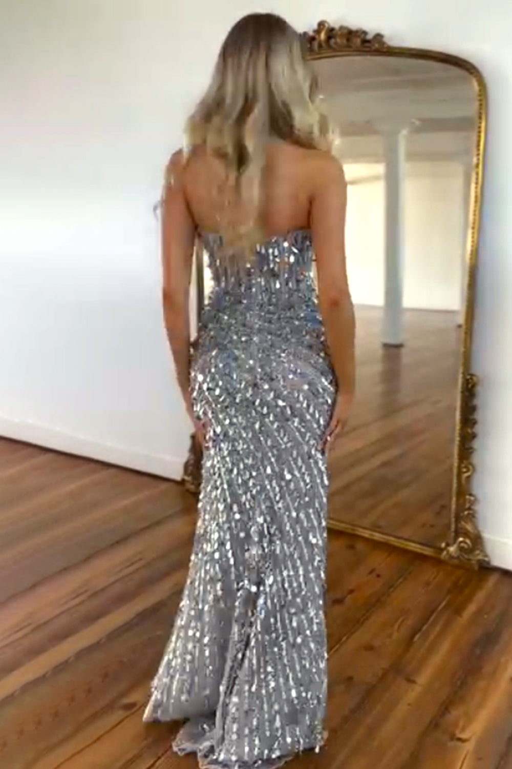 Sparkly Mermaid Sweetheart Gold Long Prom Dress with Split Front - View 15 | VelvetHem