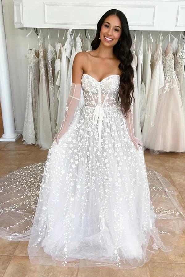 Sweetheart Neck A Line Delicated Lace Wedding Dress Boho Wedding Dress (ZD16182) - VelvetHem