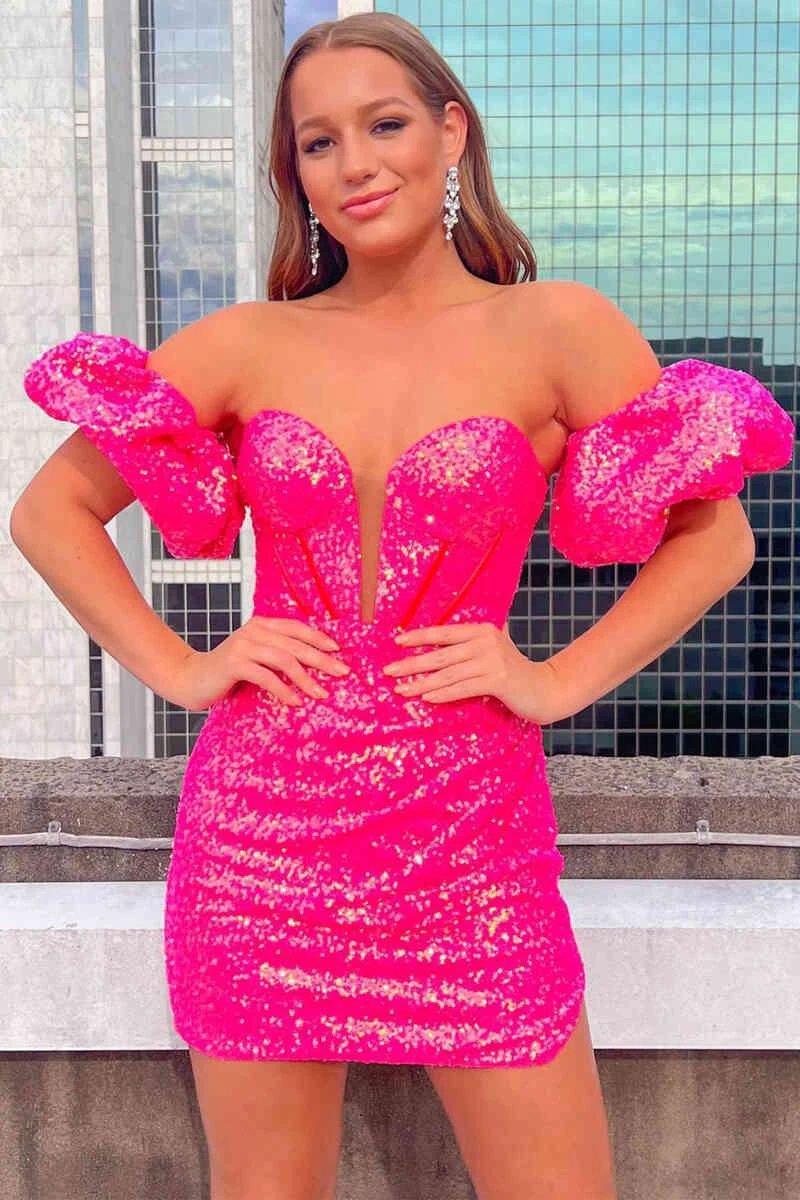 Puff Sleeves Hot Pink Homecoming Dress (ZD11638) - VelvetHem