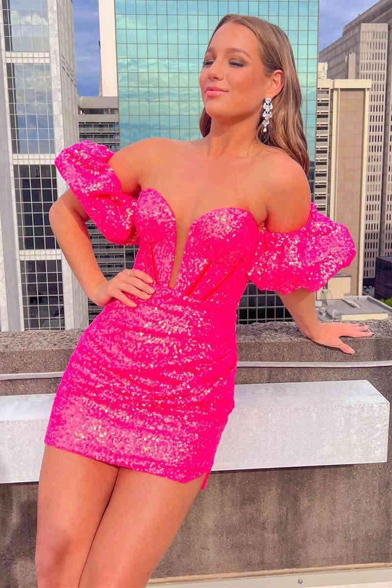 Puff Sleeves Hot Pink Homecoming Dress (ZD11638)