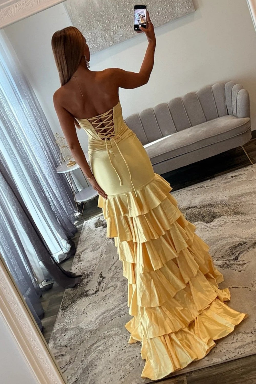 Fashionable Mermaid Sweetheart Yellow Corset Prom Dress with Ruffles - View 2 | VelvetHem