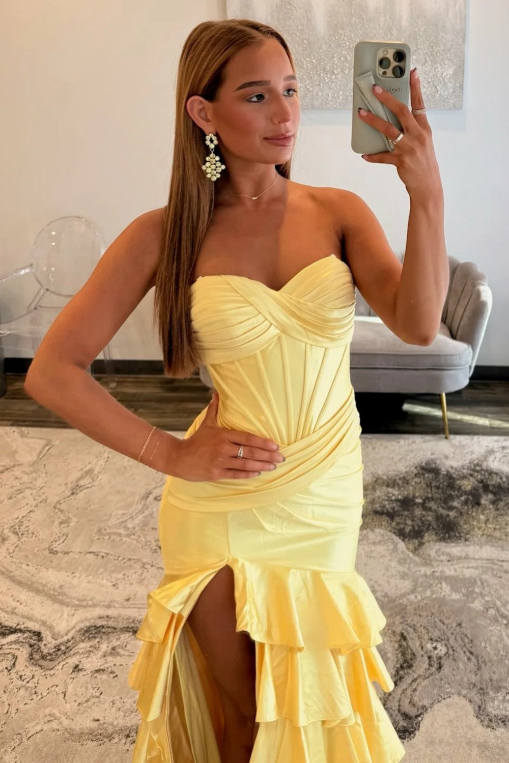 Fashionable Mermaid Sweetheart Yellow Corset Prom Dress with Ruffles - View 3 | VelvetHem