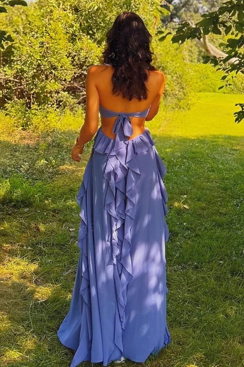 A Line Halter Neck Pink Long Prom Dress With Keyhole Ruffles Formal Evening Gown