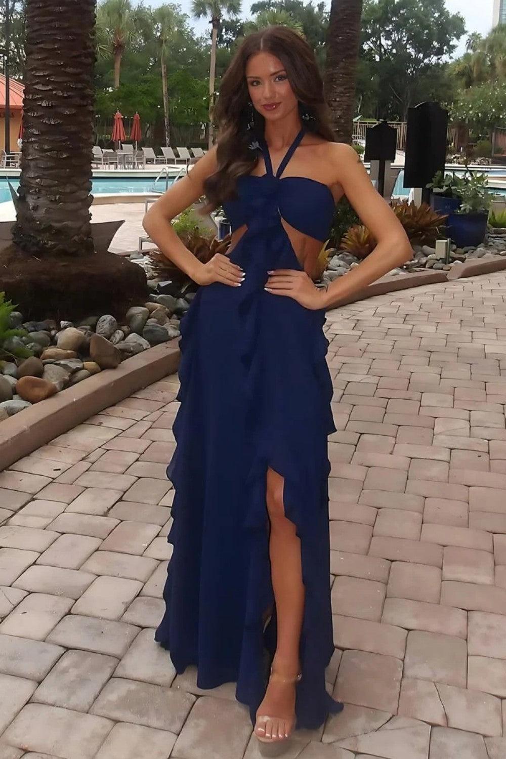 A Line Halter Neck Pink Long Prom Dress With Keyhole Ruffles Formal Evening Gown