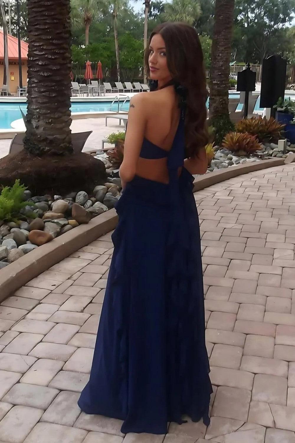 A Line Halter Neck Pink Long Prom Dress With Keyhole Ruffles Formal Evening Gown