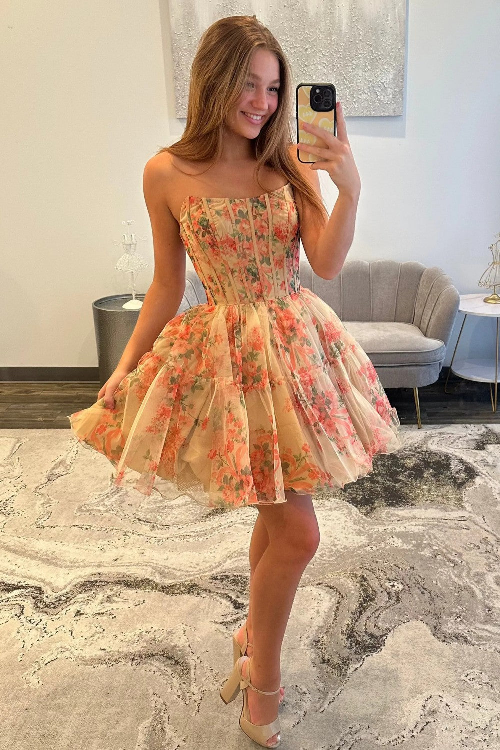 Sweety A Line Strapless Nude Floral Printed Corset Homecoming Dress with Ruffles