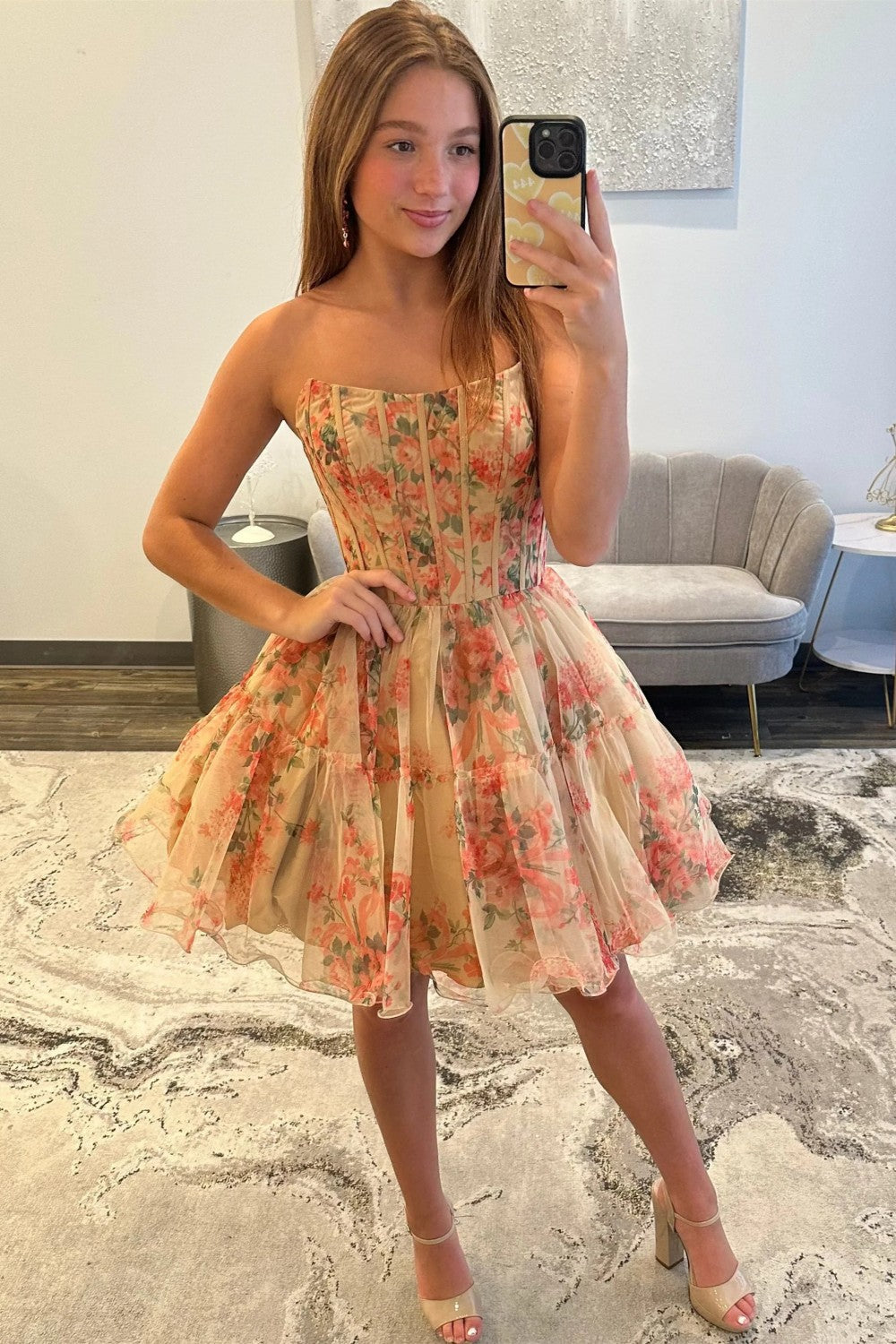 Sweety A Line Strapless Nude Floral Printed Corset Homecoming Dress with Ruffles