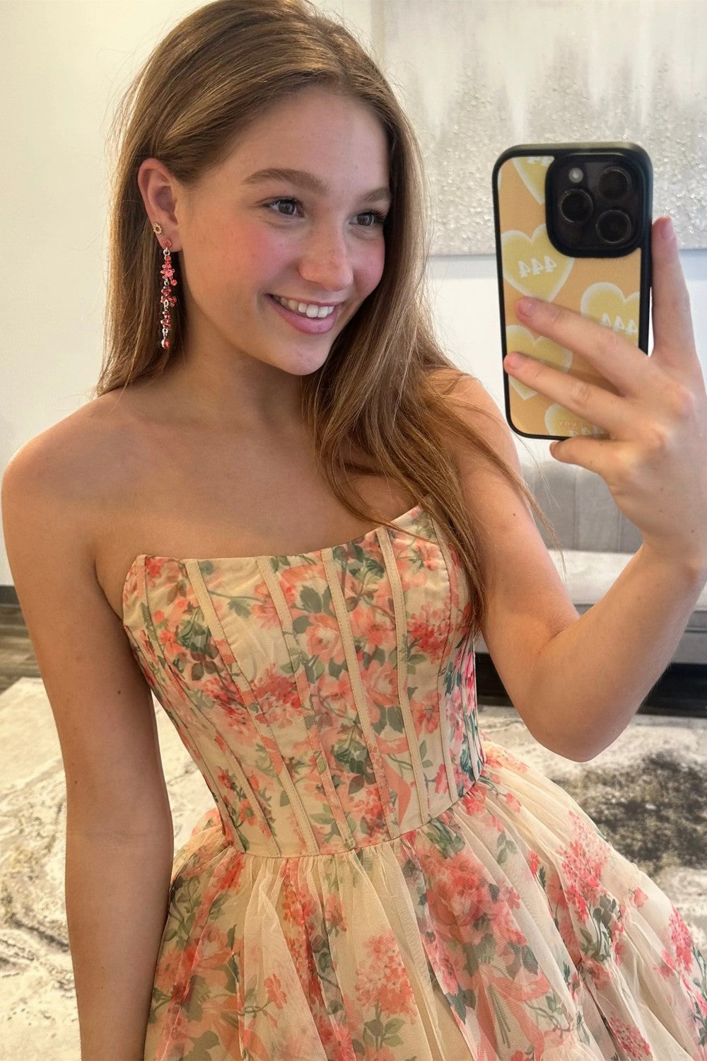 Sweety A Line Strapless Nude Floral Printed Corset Homecoming Dress with Ruffles