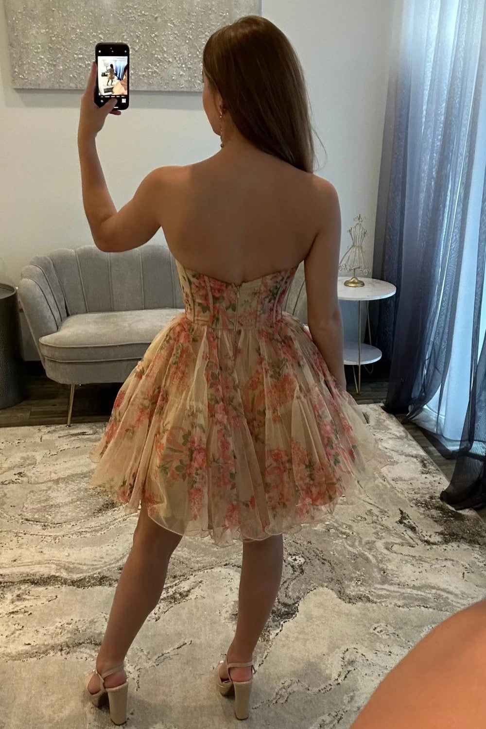 Sweety A Line Strapless Nude Floral Printed Corset Homecoming Dress with Ruffles