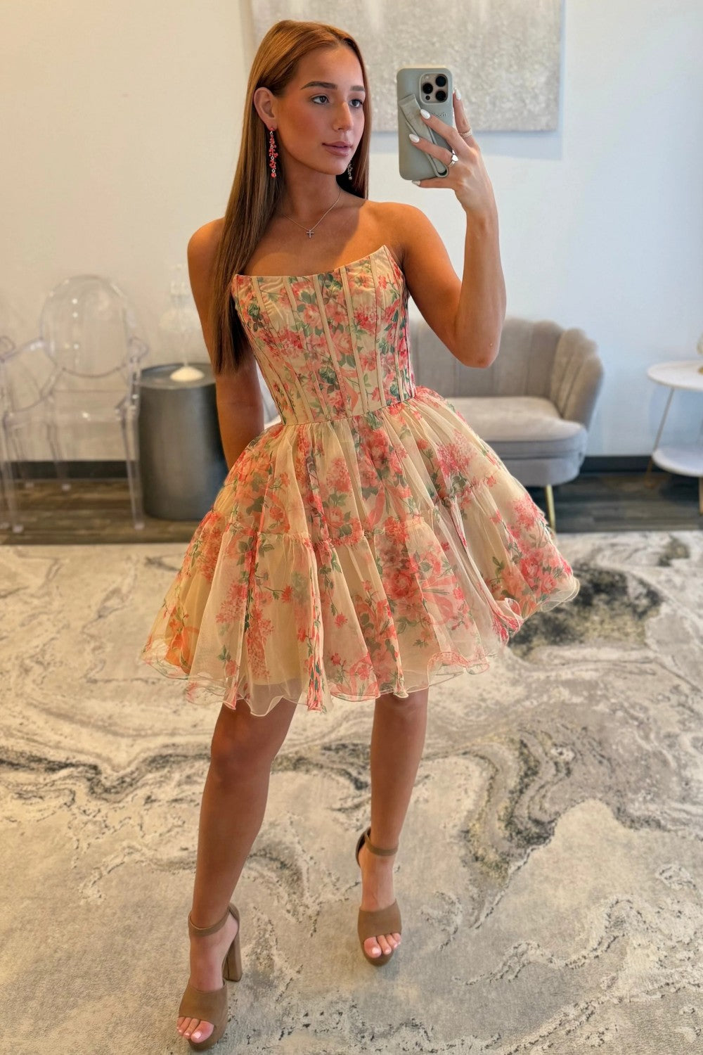 Sweety A Line Strapless Nude Floral Printed Corset Homecoming Dress with Ruffles
