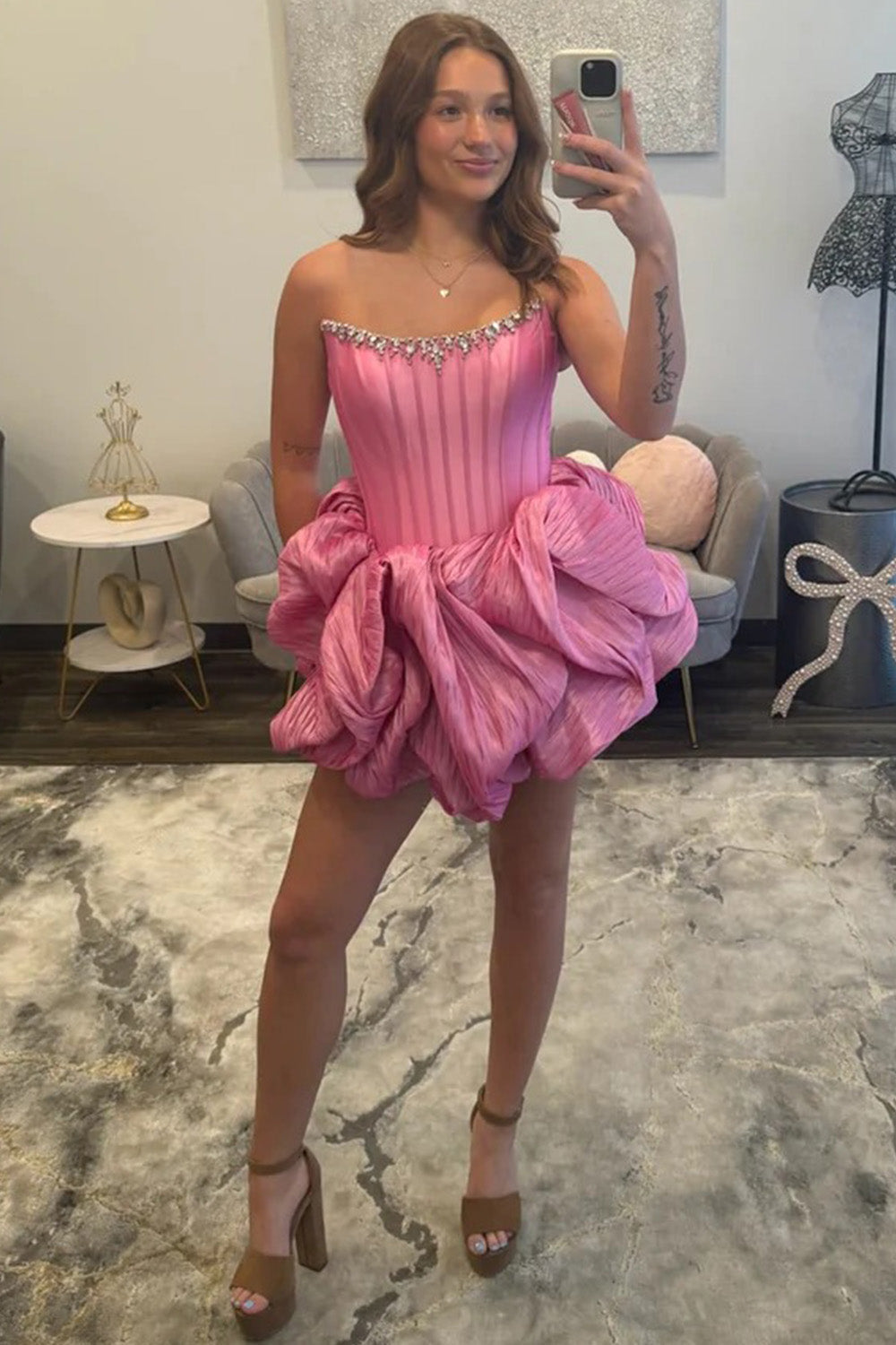 Sweety A Line Strapless Pink Corset Homecoming Dress with Beading