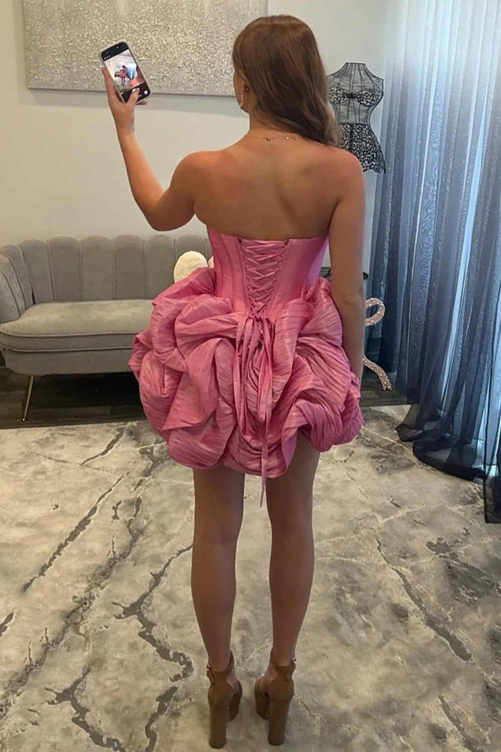 Sweety A Line Strapless Pink Corset Homecoming Dress with Beading